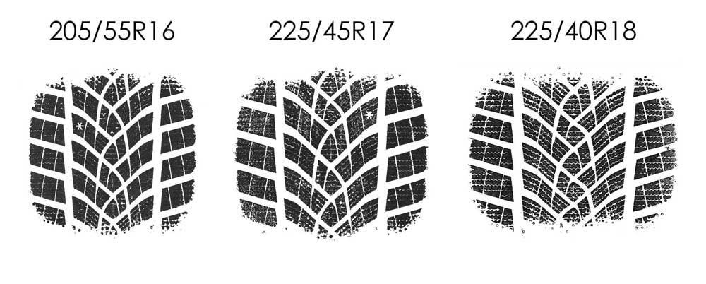 16, 17 ve 18 inç kış lastiği izleri